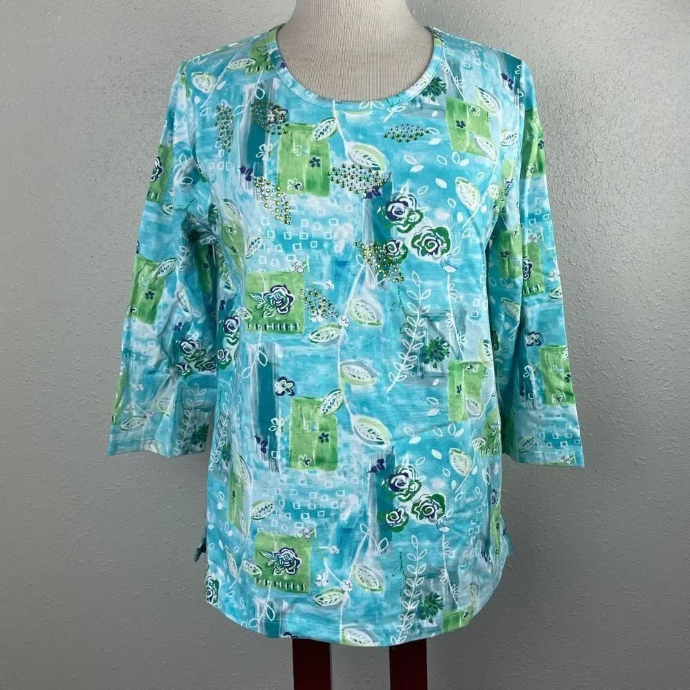 Koret Three Quarter Sleeve Beaded Floral Top Size M EUC